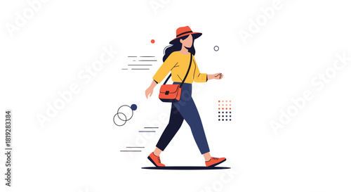 A stylish woman in a hat and yellow shirt walks with a red crossbody bag.