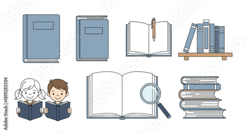 Collection of illustrations depicting books, reading children, and a magnifying glass on a white background.