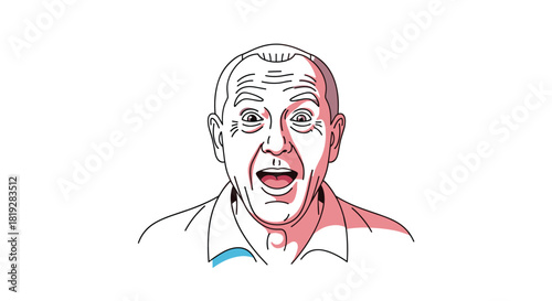 Close-up line drawing of an astonished man with his mouth open wide and eyes wide open.