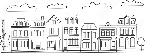 Continuous line-art vector illustration of a charming European cityscape street with traditional facades, shops, houses, and cartoon trees