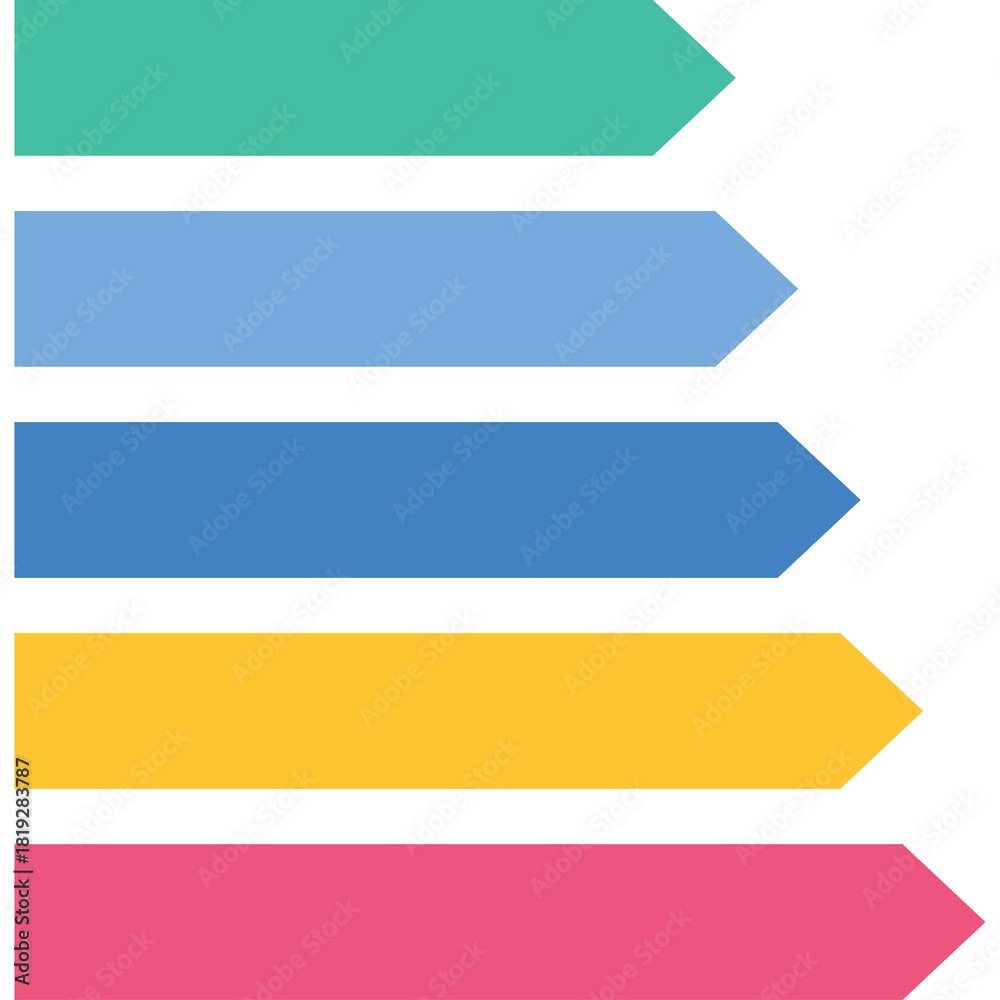 Fototapeta premium Five Colorful Arrow Shapes Pointing Right Against A White Transparent Background In A Vertical Stack Order Teal Blue Yellow Pink