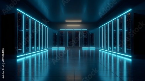 Fototapeta Naklejka Na Ścianę i Meble -  Futuristic Blue Neon Lighted Corridor with Reflective Floor and Abstract Design.