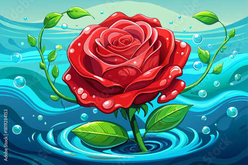 Fresh red rose drowned in water, the water drops spread around, which shows its beauty.