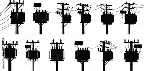 Silhouette vector illustration of electrical transformers and utility poles—technical infrastructure layout for power distribution, engineering, planning, and maintenance reference