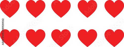 Simple row of solid red heart icons representing love, romance, passion, favorite selection, health, and social media likes.