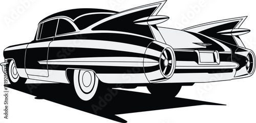 Black and white vector illustration of a vintage 1950s classic car featuring iconic large tail fins and chrome bumper details