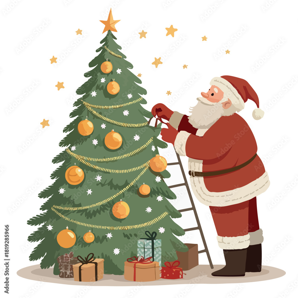 Fototapeta premium Merry Christmas Santa Claus with gifts and tree illustration
