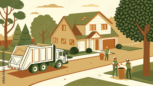 Recycling process service with a recycling truck collecting waste near residential houses
