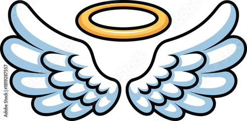 White angel wings with blue accents and gold halo vector