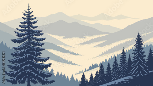 Illustration of a misty mountain landscape with evergreen trees in the foreground and background views