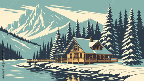 Illustration of a cabin near a snowy river with mountains and pine trees in the background scene