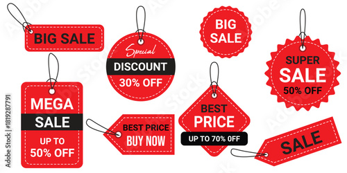 Red Sale Tags Collection, Big Sale, Mega Discount, Super Offer & Price Label Badges for Promotions