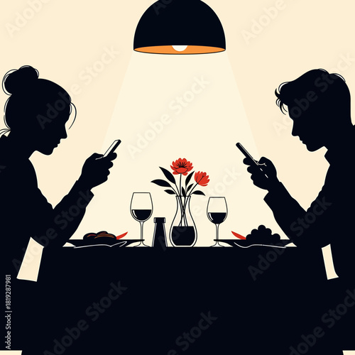Disconnected Couple at Dinner Vector – Modern Relationship Communication Gap with Smartphone Addiction Illustration

