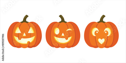 Three bright orange carved pumpkins glow with warm light, showing happy faces A bold yet minimalist composition with handcrafted textures, geometric forms, and clean color blocks. A modern and elegant