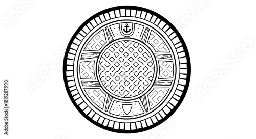 Detailed illustration of a circular manhole cover with intricate design elements.
