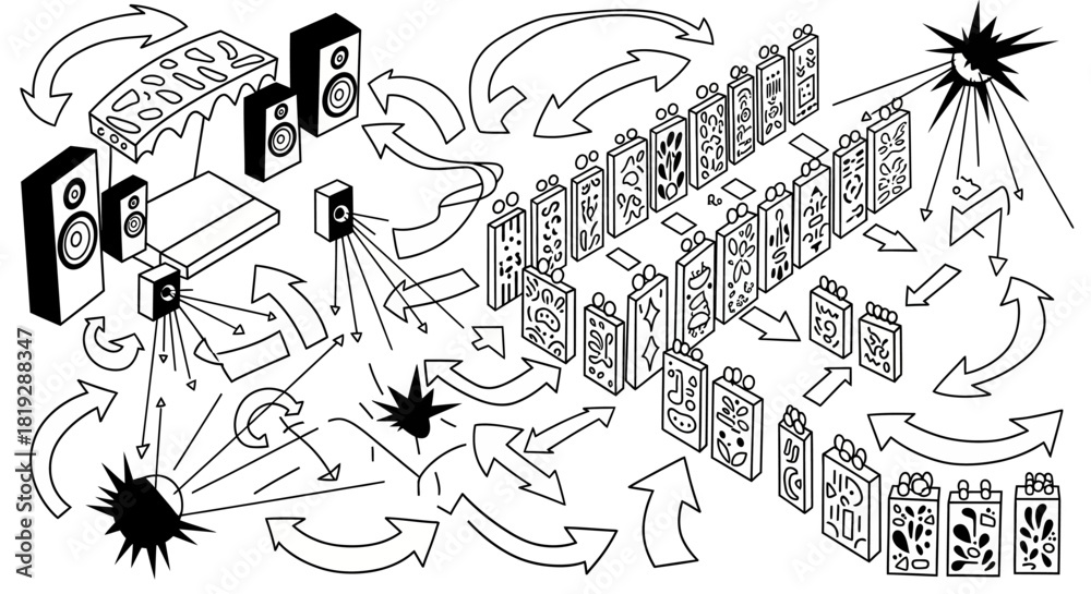 Fototapeta premium Diagram of Audio System and Data Flow with Arrows.