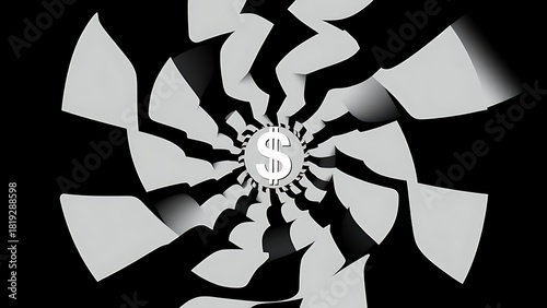 cynicism. A distorted spiral pattern featuring a currency symbol at its center in monochromatic graphic design style. pitch deck slides.