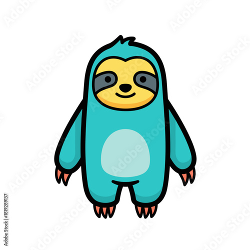 cute turquoise sloth standing frontal for children's books illustration, zoo websites, educational materials, or fun office stationery design