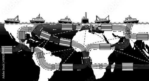 Global Shipping Routes and Cargo Ships Illustrating International Trade.