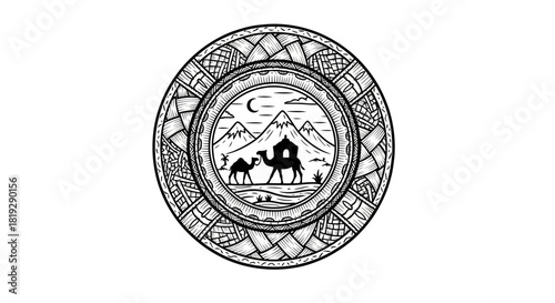 Hand drawn circular emblem of a camel caravan in the desert.