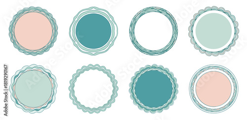 Round decorative frame collection with wavy line art. Elegant circular designs in turquoise and pink colors, suitable for labels, invitations, or minimalist graphic templates