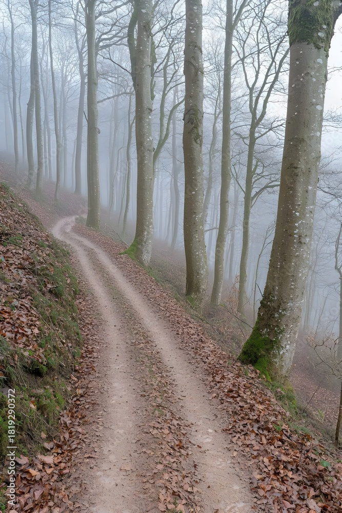 Obraz premium A serene winding dirt pathway lined with tall, bare trees in a foggy forest, inviting exploration and solitude.