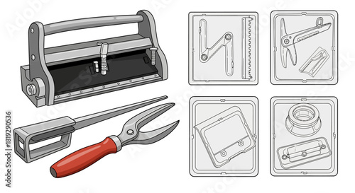 Illustrated collection of various hand tools and equipment for repair.
