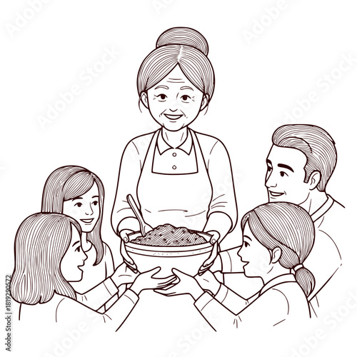 Grandmother serving a bowl of food to enthusiastic family members  