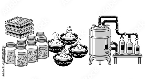 Industrial process of fermentation and distillation of ingredients.