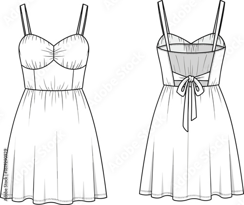 Women's strap dress vector illustration, gathered bust sundress flat sketch, back tie detail, front and back technical drawing template, summer fashion mockup.