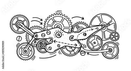 Intricate hand drawn illustration of a complex gear mechanism.