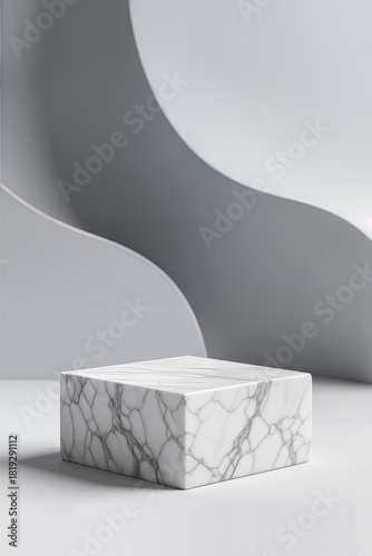 light gray marble stone podium stand for product display on abstract gray background