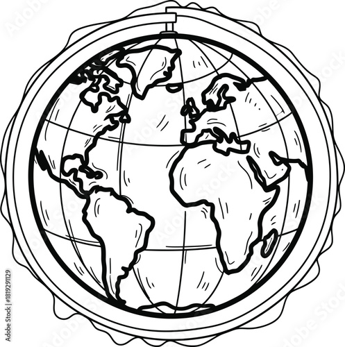 Doodle globe icon, hand-drawn solid black on white, wobbly continental lines, simple world sketch