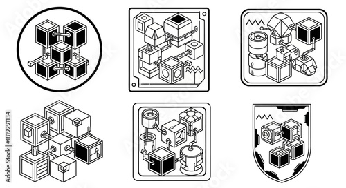 Isometric Geometric Shapes and Patterns in Black and White.