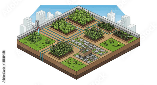 Isometric Rooftop Garden with Diverse Plants and Urban Setting.