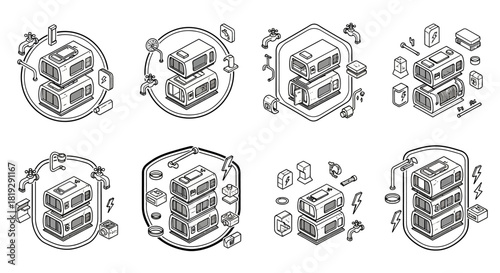 Isometric Server Racks with Surrounding Digital Elements and Connectivity Icons.