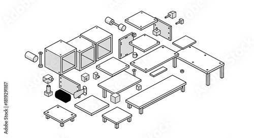 Isometric view of various modular furniture components for assembly.
