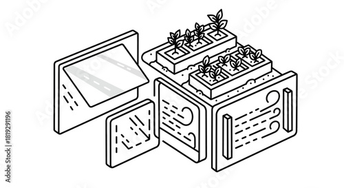 Isometric View of a Compact Indoor Gardening System.