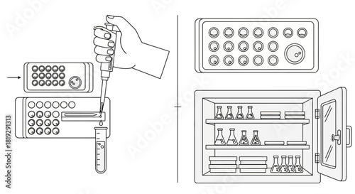 Line art illustration of laboratory work including pipetting and sample storage.