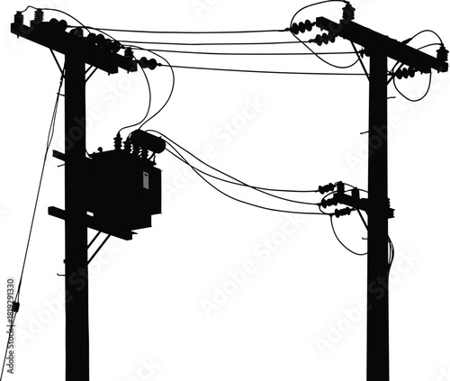 Silhouette vector illustration of utility poles with transformer and power lines—technical infrastructure layout for electrical distribution, engineering, planning, and reference