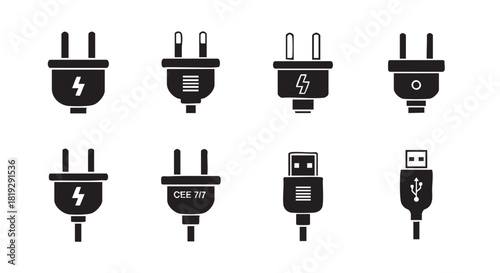 Electric plug types and power connectivity illustrated in four distinct variations
