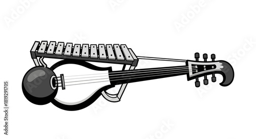 Monochrome Stringed Instrument Illustration with Frets and Tuning Pegs.