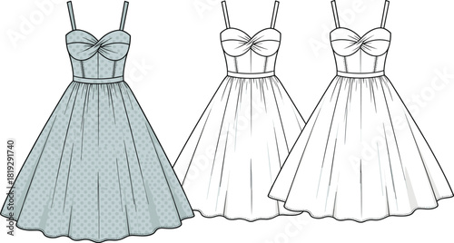 Women's sweetheart neck dress vector illustration, twisted bust corset bodice, fit and flare flat sketch, polka dot pattern, technical fashion drawing template, summer party wear.