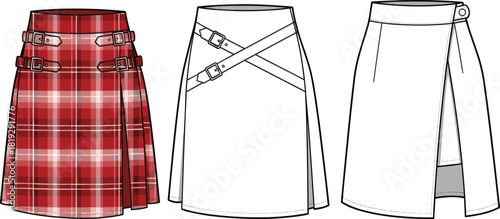 Women's tartan plaid kilt skirt vector fashion flat sketch, buckle straps, pleated wrap design, front and back views, technical drawing template