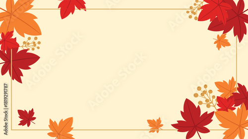 Autumn Leaves Frame Background with Red Maple Foliage, Seasonal Fall Decoration Vector Illustration
