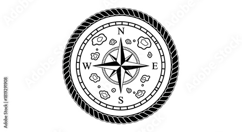 Nautical Compass Rose with Islands and Rope Border Illustration.