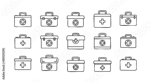First aid kit drawing set medical box illustration simple sketch