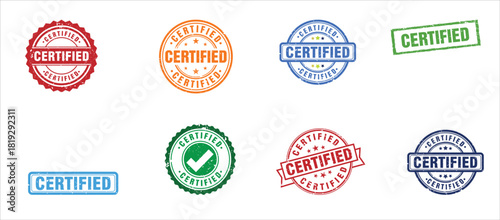 Vector Set of Eight Colorful Grunge Certified Quality Control Stamps and Guarantee Seals with Checkmark
