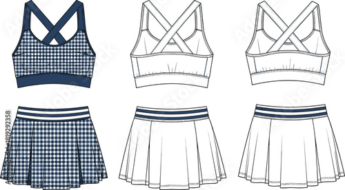 Women's tennis sportswear set technical drawing, vector illustration of pleated skirt and cross-back top with blue gingham pattern, isolated on white.