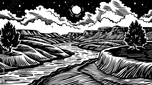 Very beautiful scenic Oklahoma landscape featuring red clay terrain, a gently winding river, and an expansive open sky that creates a calm and natural atmosphere.